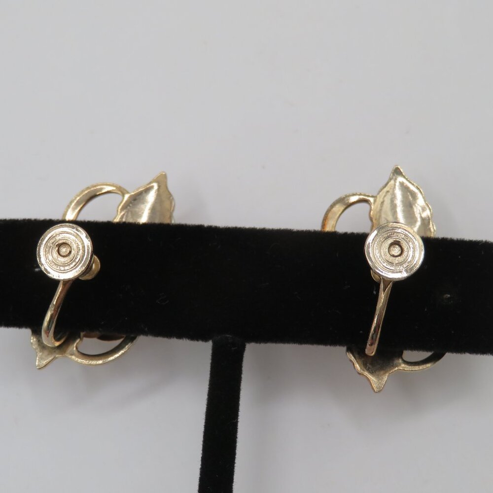Vintage Rose Rhinestone Accent Gold Tone Screw Back Earrings - Picture 6 of 7